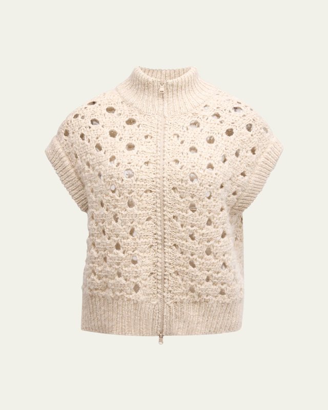 High-Neck Paillette Round Open-Weave Zip Cashmere Cardigan